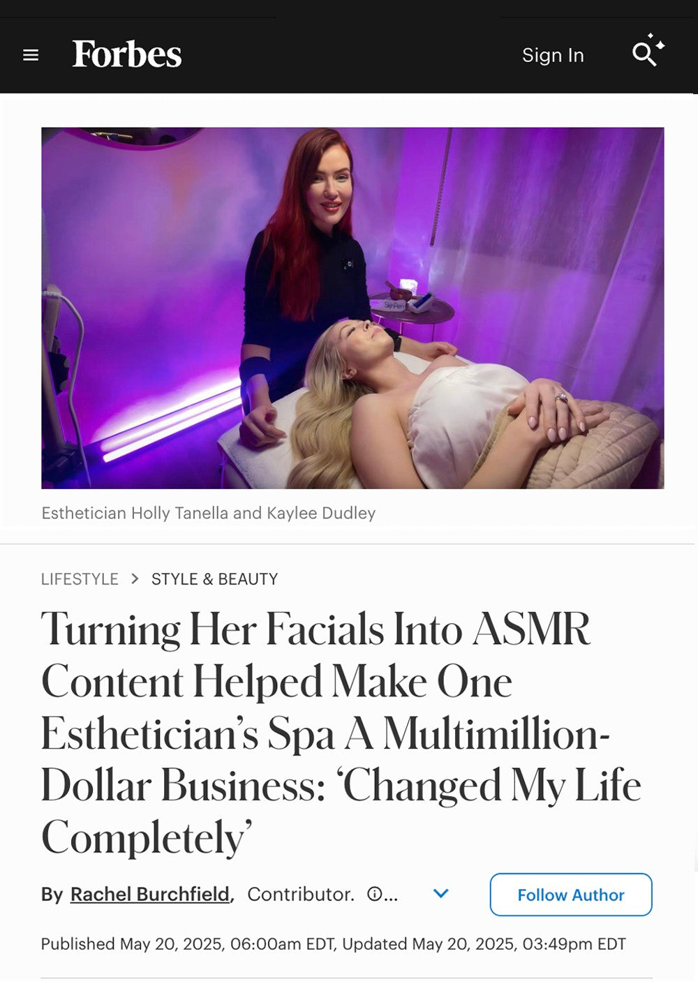 The Forbes article page about Holly Tanella, opening with a photo of her treatment room