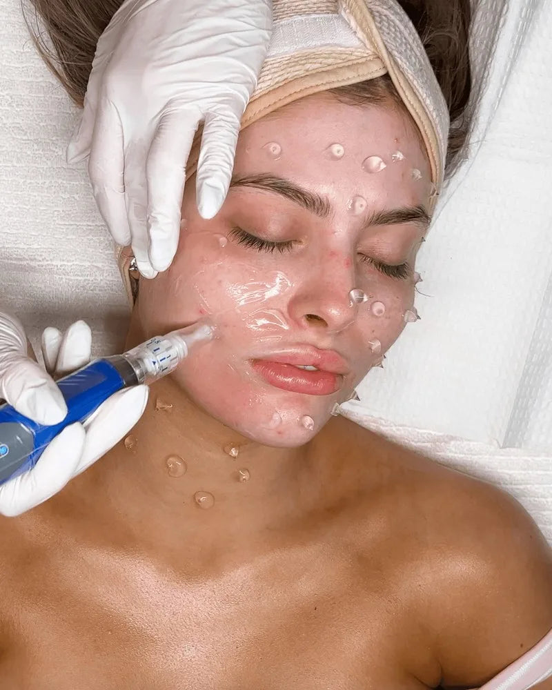 A provider in white gloves microneedling a resting guest's cheek with a SkinPen