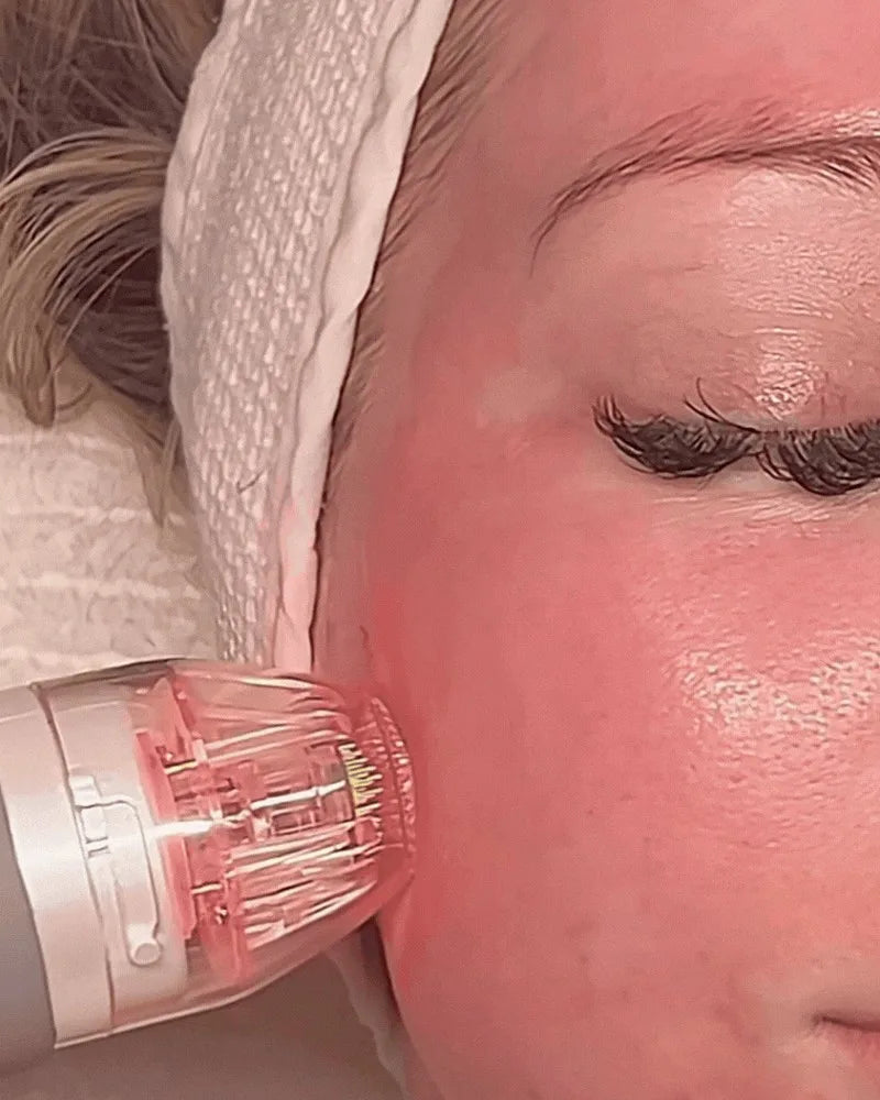 An RF microneedling tip on a resting guest's cheek
