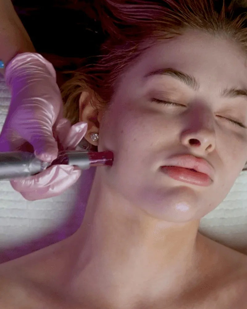 An esthetician in pink gloves microneedling along a guest's jaw during WiQo PRX + Microneedling