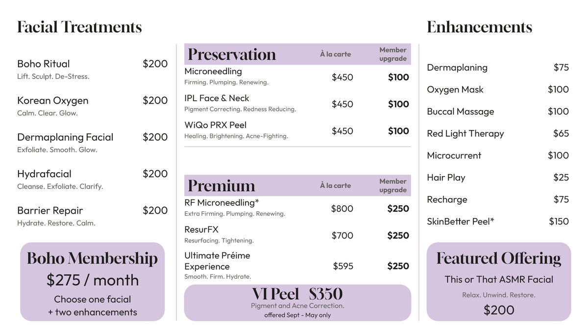 Boho menu with facial prices, Preservation and Premium upgrades, enhancements and the $275 membership. The same prices are available as text below.
